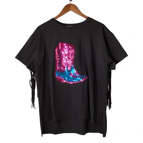 Rowdy Crowd Clothing Black T-Shirt With Fringe NWT - Picture 1 of 7